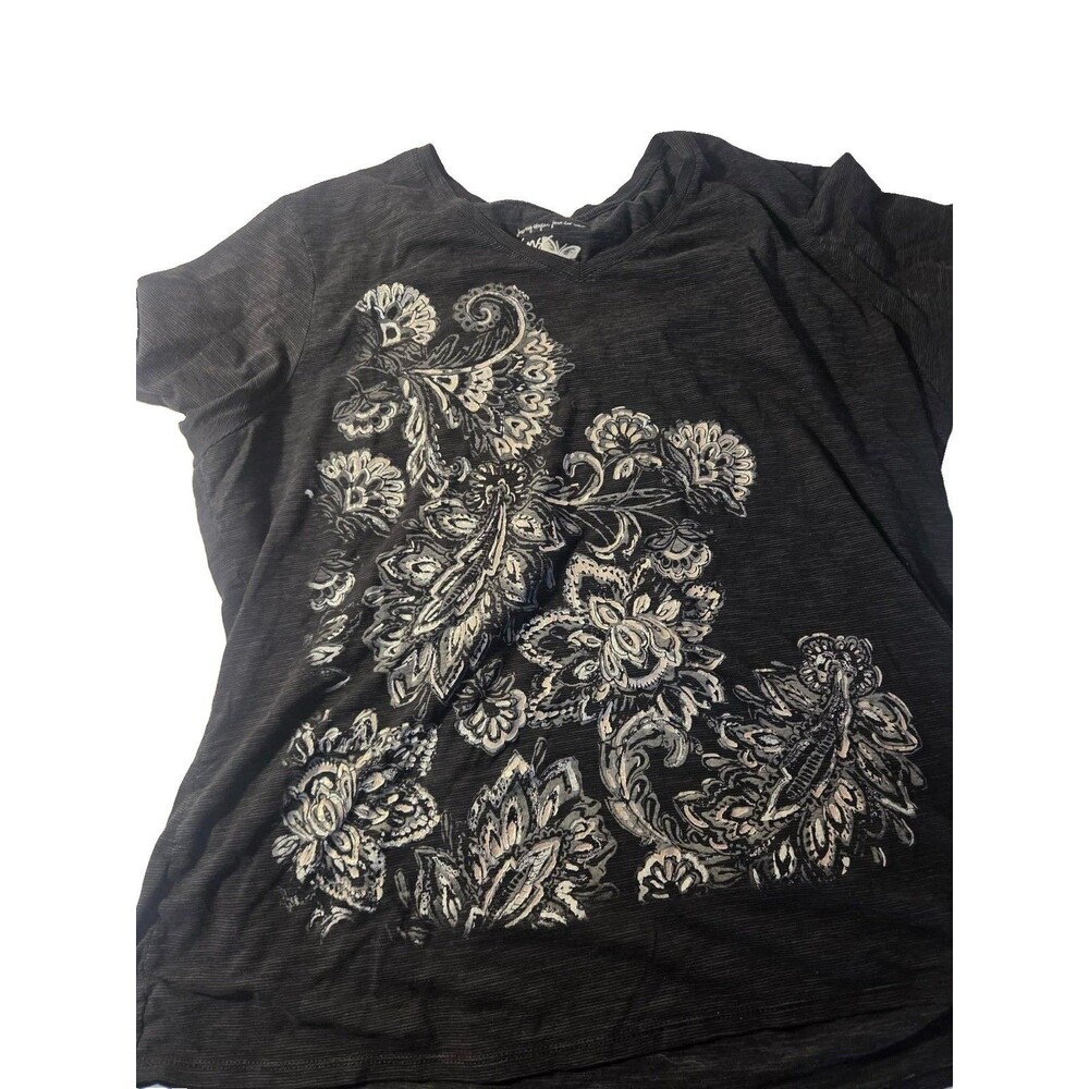 Just My Size Charcoal Slub Knit Paisley Floral Graphic V-Neck Tee Top Plus 3X